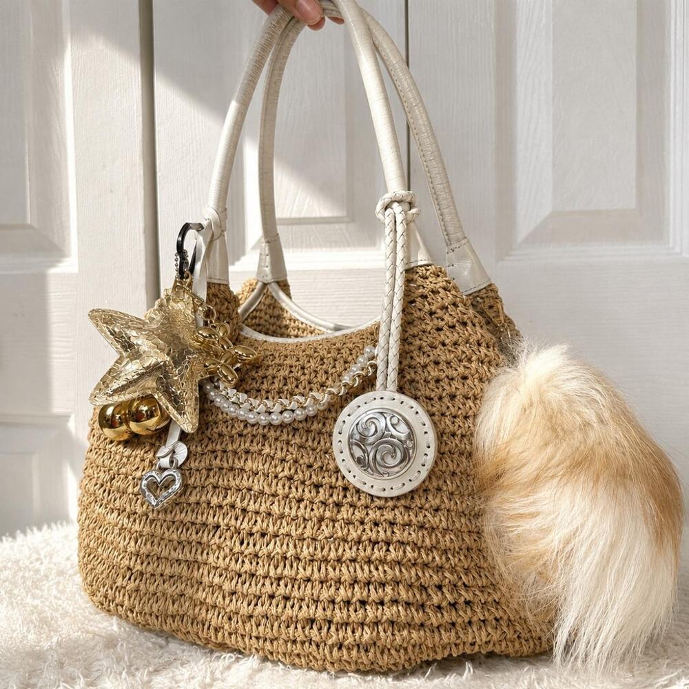 Brighton Woven Straw Shoulder Bag White Leather Summer Tote